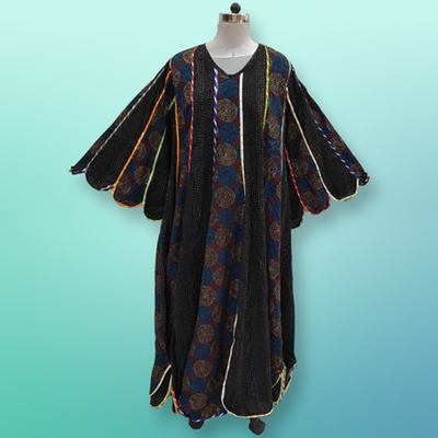 L/XL Meher Black Multi Printed Cotton Dress 57&quot; Long Jalabiya