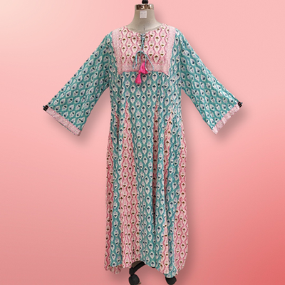 8-9 Year Anaya Crystal Printed Cotton Girls Dress 42&quot; Long Jalabiya