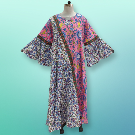 L-XL Onib Printed Cotton Dress 57&quot;Long Sleeves Jalabiya