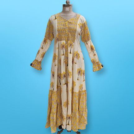 L/XL Ashbah Printed Cotton Dress 57&quot; Long Sleeves Jalabiya