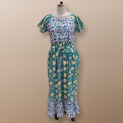 L/XL Zeba Printed Cotton Dress 57&quot; Short Sleeves Jalabiya
