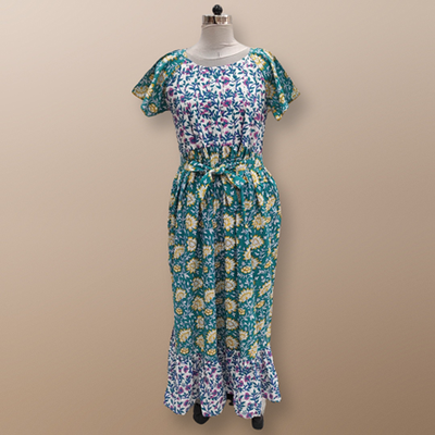 L/XL Zeba Printed Cotton Dress 57&quot; Short Sleeves Jalabiya