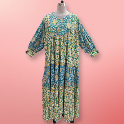 S/M Emna Printed Cotton Dress 57&quot;Long Sleeves Jalabiya