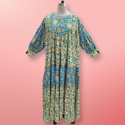 S/M Emna Printed Cotton Dress 57&quot;Long Sleeves Jalabiya