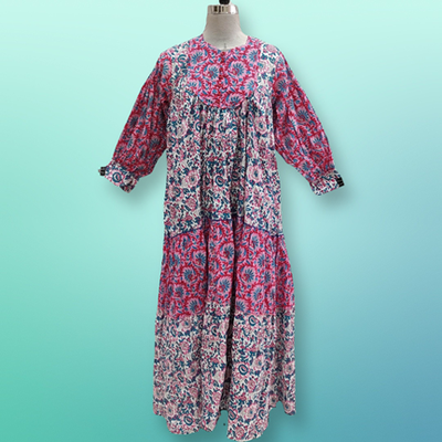L/XL Emna Printed Cotton Dress 57&quot;Long Sleeves Jalabiya