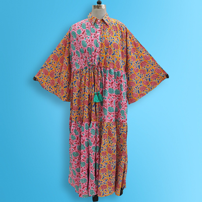 L/XL Fatim Multi Printed Cotton Dress 57&quot; Long Jalabiya
