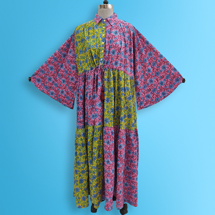 S/M Fatim Multi Printed Cotton Dress 57&quot; Long Jalabiya