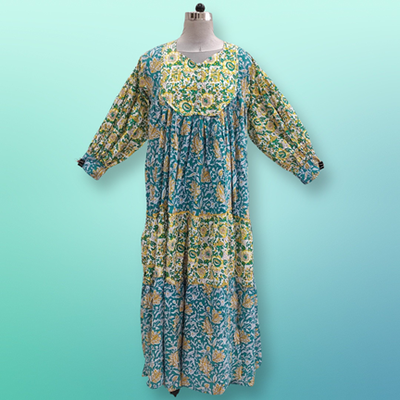 L/XL Emna Printed Cotton Dress 57&quot;Long Sleeves Jalabiya