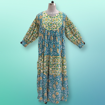 L/XL Emna Printed Cotton Dress 57&quot;Long Sleeves Jalabiya