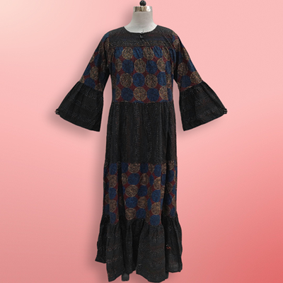 L/XL Moon Black Printed Cotton Dress 57&quot; Long Jalabiya