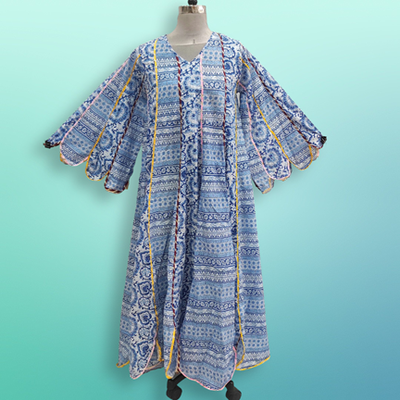 XS/S Meher Blue Printed Cotton Dress 54&quot; Long Jalabiya