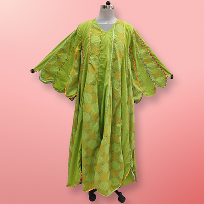 XS/S Meher Green Printed Cotton Dress 54&quot; Long Jalabiya
