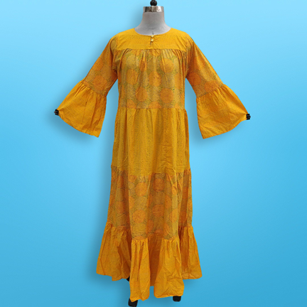 S/M Moon Yellow Printed Cotton Dress 57&quot; Long Jalabiya