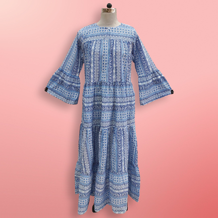 L/XL Moon Blue Printed Cotton Dress 57&quot; Long Jalabiya