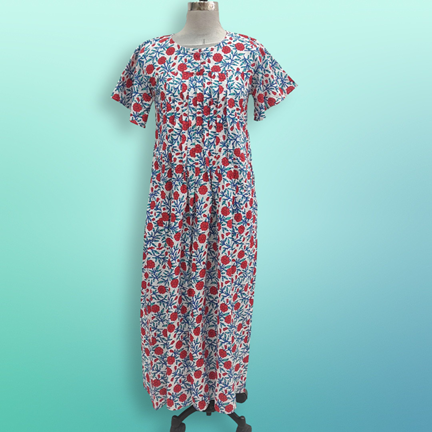 XS/S Nahla Printed Cotton Dress 54&quot; Short Sleeves Jalabiya
