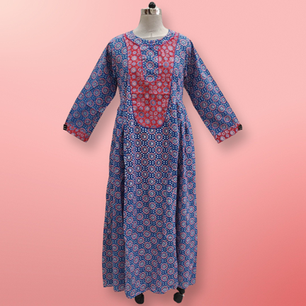 XS/S Suf Printed Cotton Dress 54&quot;Long Sleeves Jalabiya