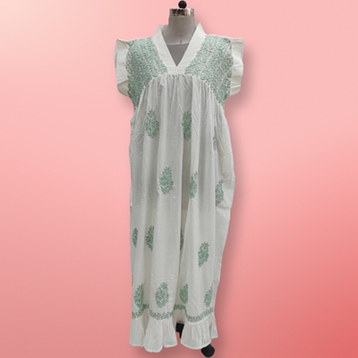 2XL/3XL Amani Embroidery White Cotton Dress 60&quot; Short Sleeves Jalabiya