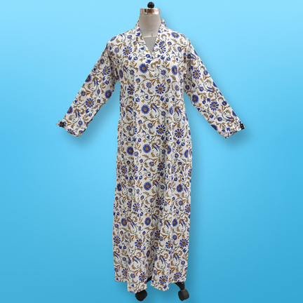 S/M Teena Printed Cotton Dress 57&quot; Long Sleeves Jalabiya