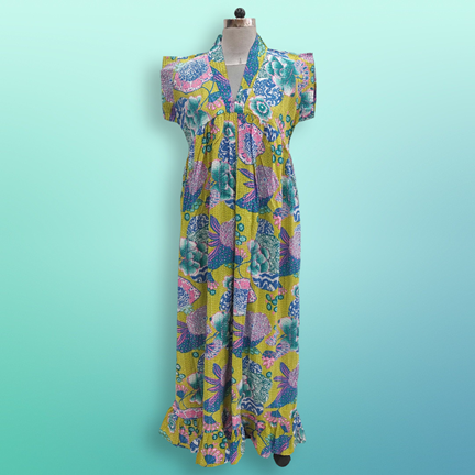 L/XL Amani Printed Cotton Dress 57&quot; Short Sleeves Jalabiya