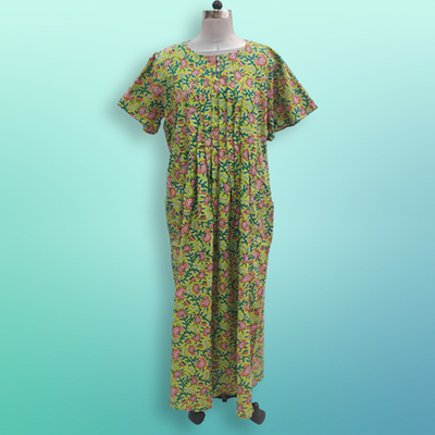 XS/S Nahla Printed Cotton Dress 54&quot; Short Sleeves Jalabiya