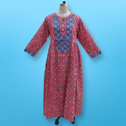 S/M Suf Printed Cotton Dress 57&quot;Long Sleeves Jalabiya
