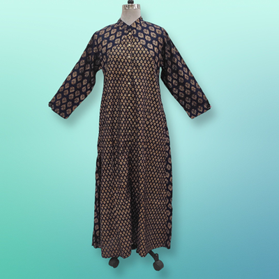 L/XL Honey Golden Printed Rayon Dress 57&quot; Long Jalabiya