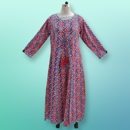 L/XL Floral Printed Cotton Dress 57&quot; Long Jalabiya