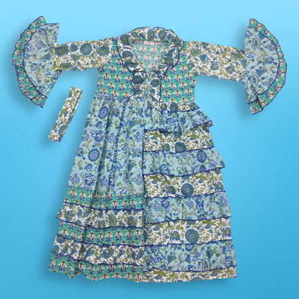 6-7 Years Sabah Blue Printed Cotton Dress 38&quot; Long Jalabiya