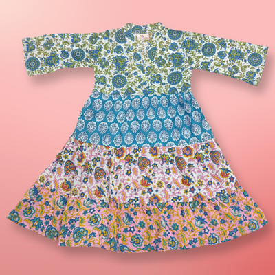 6-7 Year Maldives Blue Printed Cotton Girls Dress 38&quot; Long Jalabiya