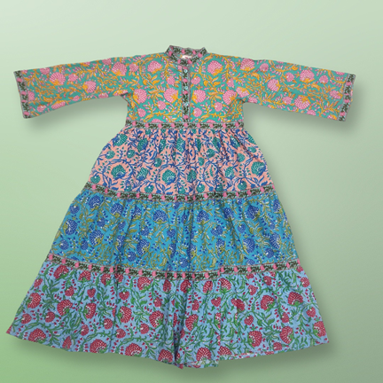 4-5 Year Green Pink Sydney Printed Cotton Girls Dress 34&quot; Long Jalabiya