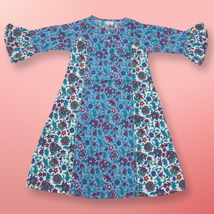 10-11 Year Marry Blue Printed Cotton Girls Dress 46&quot; Long Jalabiya