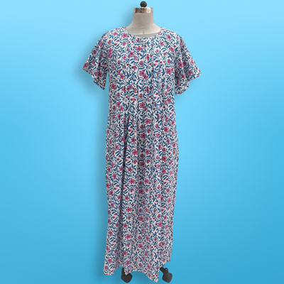 2XL/3XL Nahla Printed Cotton Dress 57&quot; Short Sleeves Jalabiya