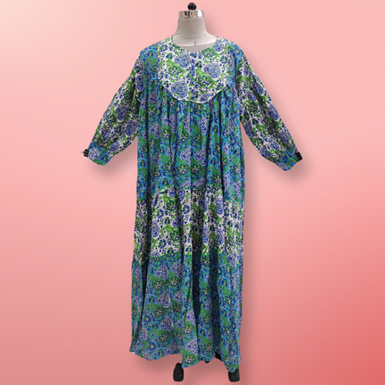 L/XL Emna Printed Cotton Dress 57&quot;Long Sleeves Jalabiya