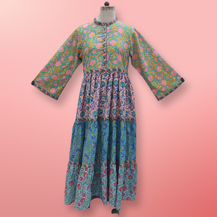 L/XL Green Pink Sydney Printed Cotton Dress 57&quot; Long Jalabiya
