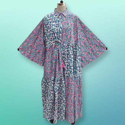 L/XL Fatim Multi Printed Cotton Dress 57&quot; Long Jalabiya