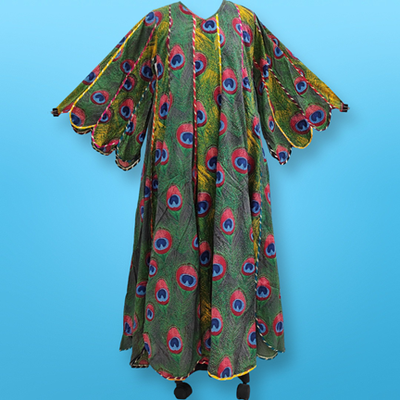 L/XL Meher Black Multi Printed Cotton Dress 57&quot; Long Jalabiya