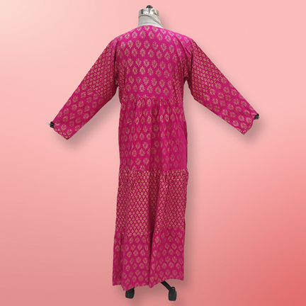 S/M Juhi Golden Printed Rayon Dress 57&quot; Long Jalabiya