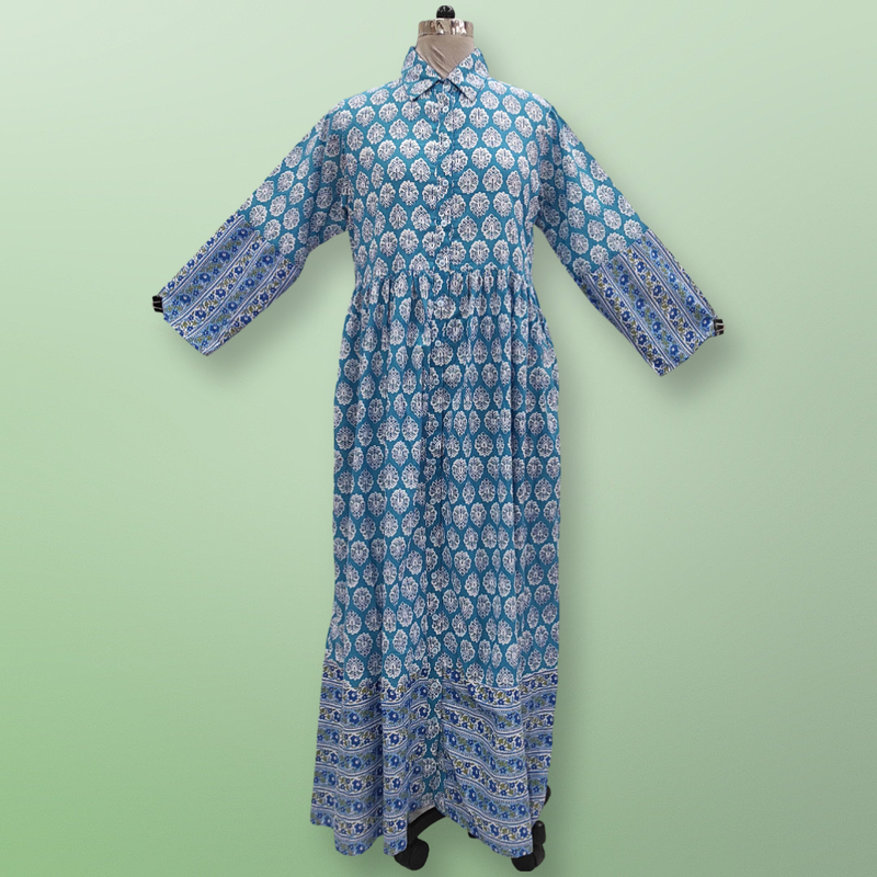 10-11 YearBlue &amp; White Ana Printed Cotton Dress 45&quot; Long Jalabiya