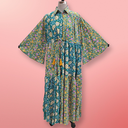 L/XL Fatim Multi Printed Cotton Dress 57&quot; Long Jalabiya