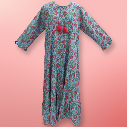 XS/S Razia Red Printed Cotton Dress 54&quot; Long Jalabiya