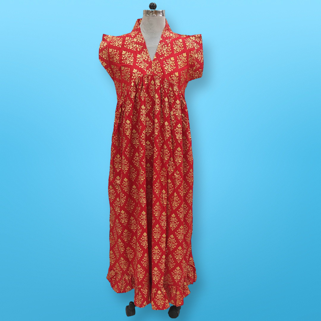 S/M Amani Gold Print Cotton Dress 57&quot; Short Sleeves Jalabiya