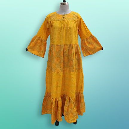 L/XL Moon Yellow Printed Cotton Dress 57&quot; Long Jalabiya