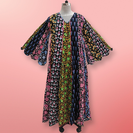 S/M Meher Black Multi Printed Cotton Dress 57&quot; Long Jalabiya