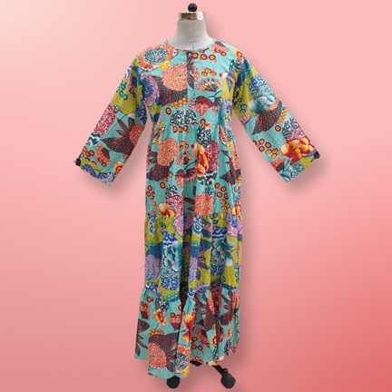 S/M Juhi Printed Cotton Dress 57&quot; Long Jalabiya
