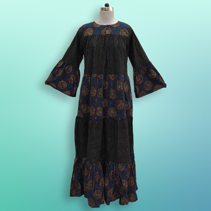 L/XL Moon Black Printed Cotton Dress 57&quot; Long Jalabiya