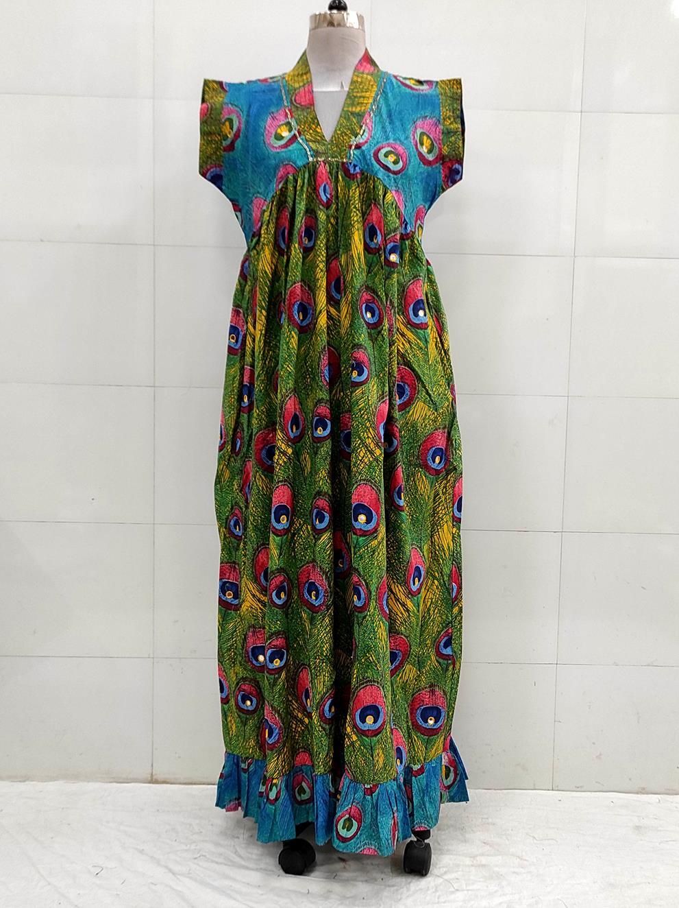 XS/S  Amani Printed Cotton Dress 54&quot; Short Sleeves Jalabiya