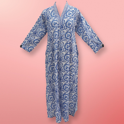 S/M Teena Blue Printed Cotton Dress 57&quot; Long Jalabiya