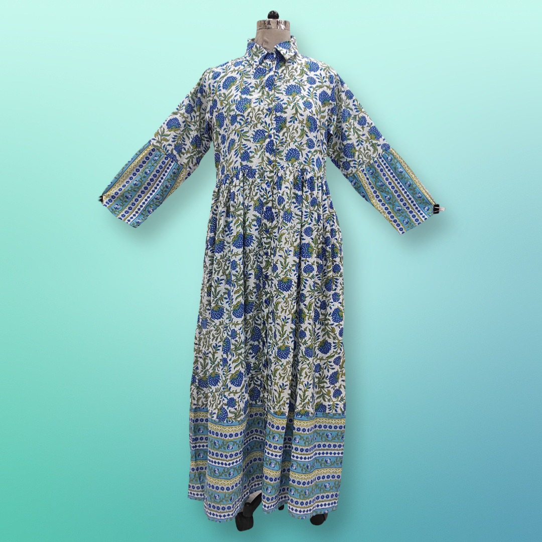 L/XL Blue Green &amp; White Ana Printed Cotton Dress 57&quot; Long Jalabiya