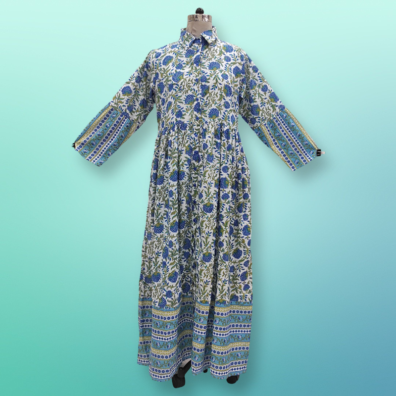 L/XL Blue Green &amp; White Ana Printed Cotton Dress 57&quot; Long Jalabiya