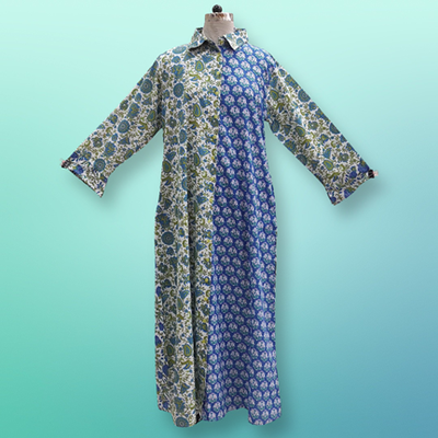 2XL/3XL Singapore Blue Printed Cotton Dress 57&quot; Long Jalabiya